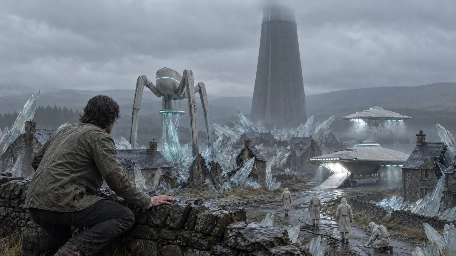 A man watches from behind a stone wall as a strider harvests crystal in a stone village under a grey sky, beneath a tall Veyholt tower.